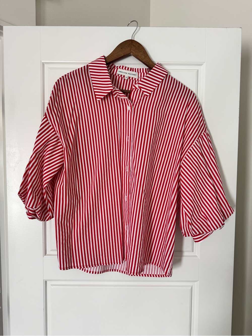 English Factory Red and White Vertical Stripe Button-Down Shirt
